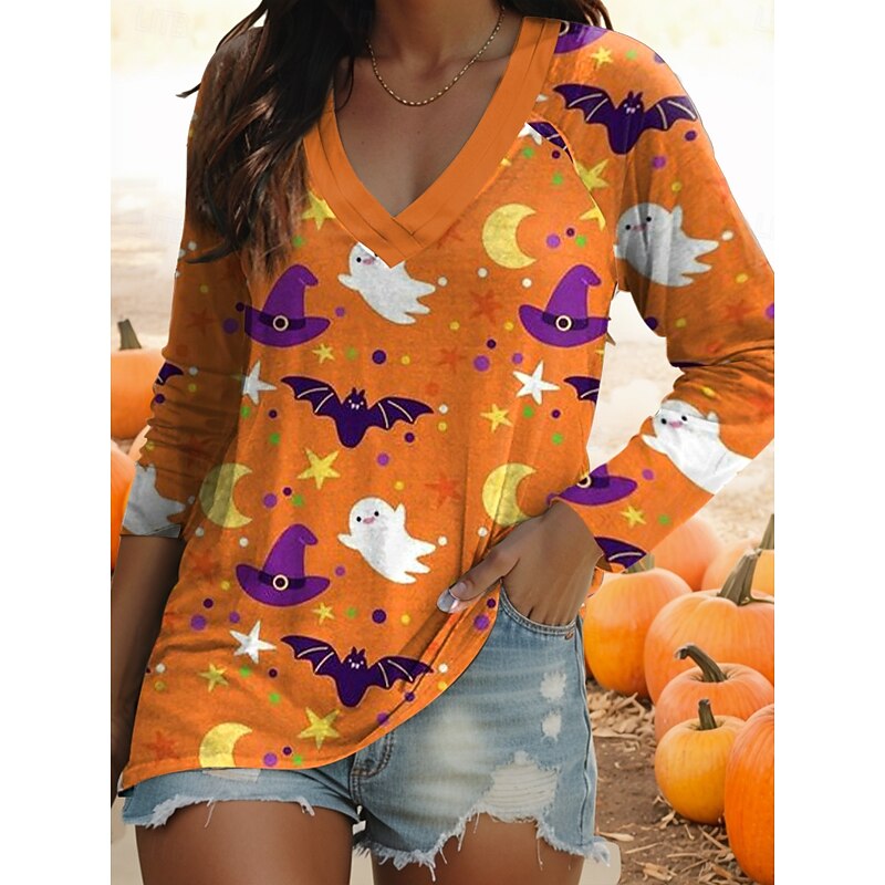 Halloween Women's T shirt Bat Long Sleeve V Neck Long Sleeve Graphic Casual Vintage Regular Tops Daily Print Black Yellow Purple Orange Brown Spring Fall Prefall2
