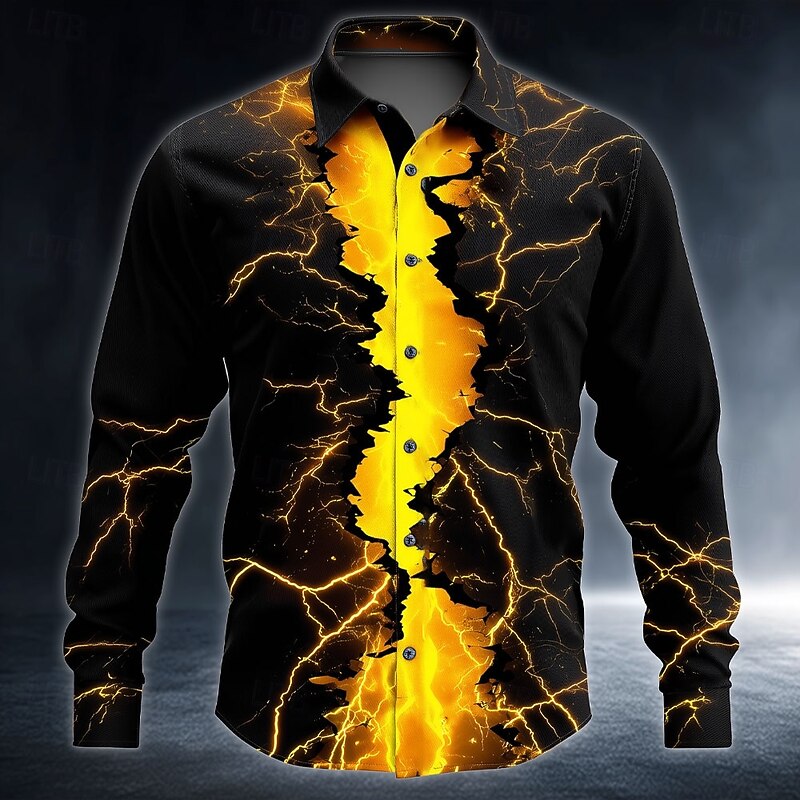 Halloween Men's Optical Illusion Lightning Neon Glow Shirt Button Up Shirt Long Sleeve Dark Punk Gothic Style Outdoor Holiday Summer Spring Turndown 3D Print Collared Shirts Red Blue Purple Orange3