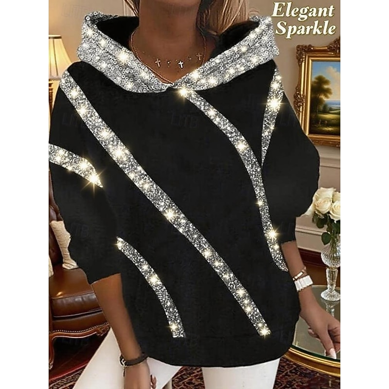 Women's Hoodie Sweatshirt Casual Street Dailywear Hoodie Sequins Patchwork Long Sleeve Black Gray Fall Winter