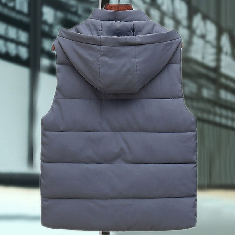 Men's Puffer Vest Vest Gilet Vacation Daily Date Fashion Casual Fall & Winter Pocket Polyester Warm Comfortable Solid Color Zipper Hooded Regular Fit Black Gray Vest2