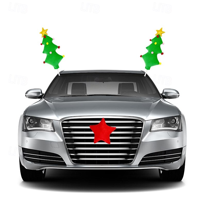 Christmas Car Antler Decorations, Reindeer Antlers Car Accessories with Green Christmas Tree Ornaments for Holiday Car Decor2