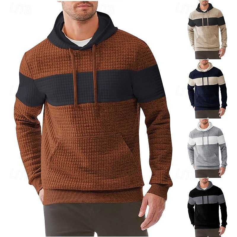 Men's Hoodie Waffle Hoodies Pullover Hoodie Sweatshirt Fleece Hoodie Black Navy Blue Brown Khaki Gray Hooded Plain Patchwork Color Block Sports & Outdoor Casual Daily Streetwear Cool Sportswear Winter