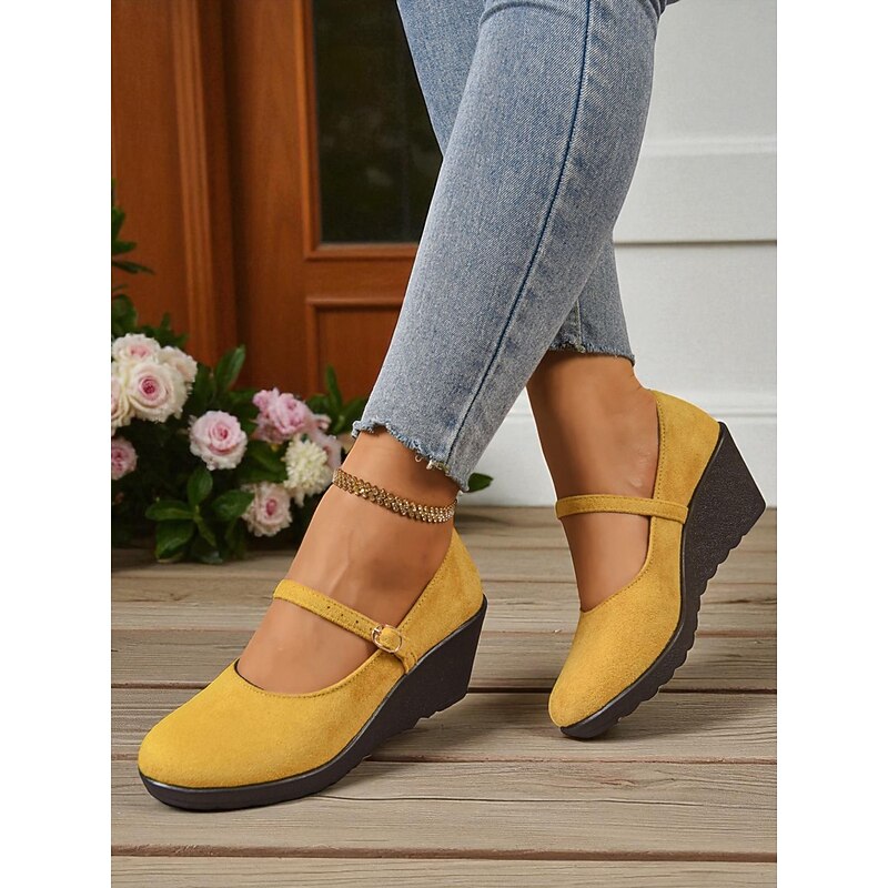 Women's Yellow Mary Jane Wedge Heels – Comfortable Round Toe Platform Shoes for Casual Outings and Office3