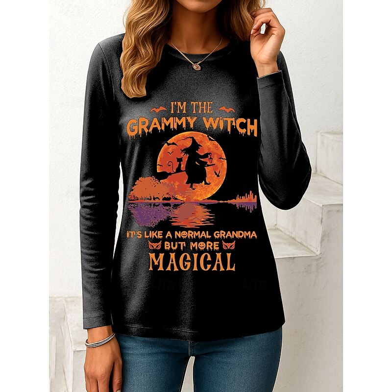 Halloween Women's T shirt Witch Long Sleeve Graphic Letter Vintage Fashion Stylish Long Sleeve Crew Neck Regular Tops Daily Weekend Print White Purple Orange Green Spring Fall Winter Prefall