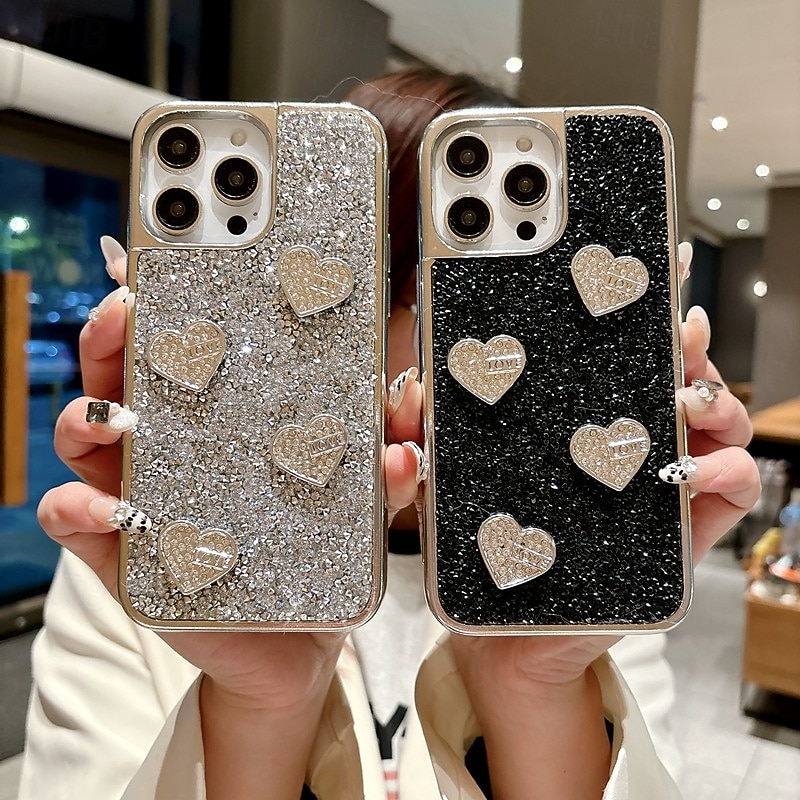 Phone Case For iPhone 16 15 14 Pro Max Plus 16e 13 Pro Max Back Cover Bling Glitter Shiny Shockproof Heart PC