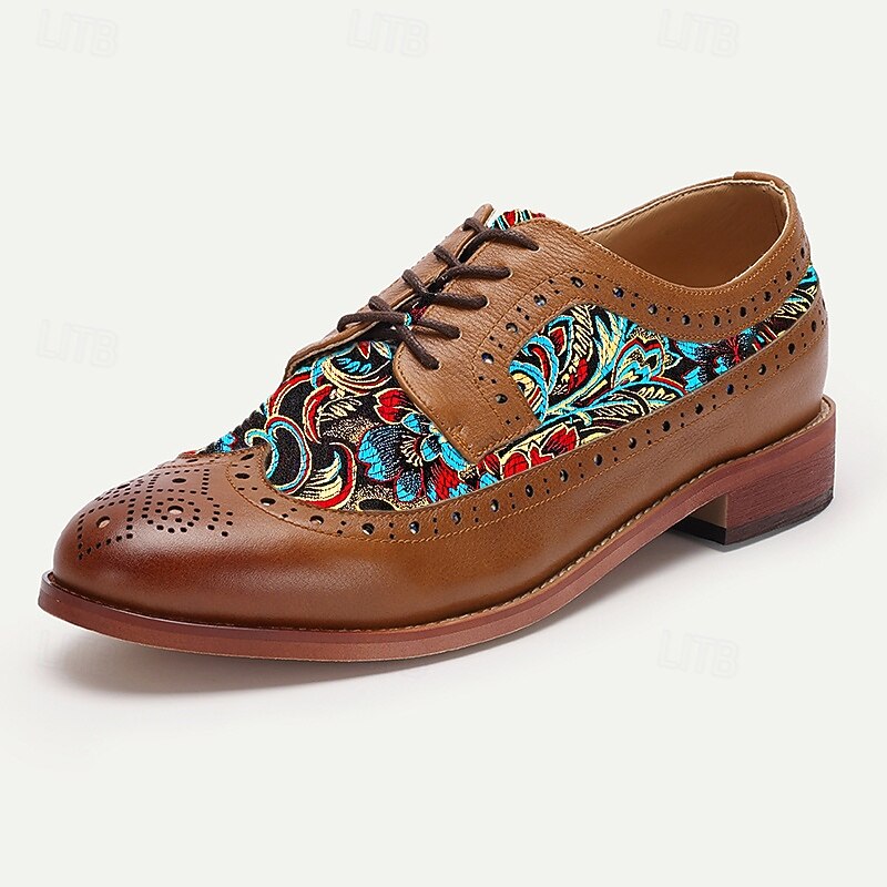 Men's Brown Leather Brogue Shoes with Blue - Green Jacquard Fabric Motif - Distinctive and Classy, Suited for Gentlemen Who Appreciate Unique Style in Daily and Social Events2