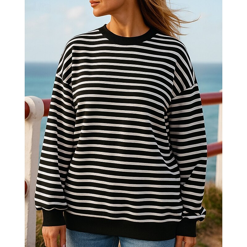 Women's Pullover Sweatshirt Casual Tops Long Sleeve Top Athleisure Fall Stripes Fashion Outdoor Travel Sportswear Activewear Black White Pink3