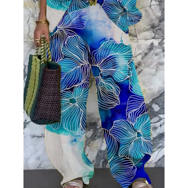 Women's Vacation Fashion Pants Sets 3/4 Length Sleeve V Neck Butterfly Print Vacation Daily Holiday Blue Summer Regular Fit2