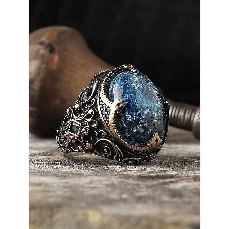 Men's Vintage Blue Stone Statement Ring – Retro Gothic Alloy Jewelry for Biker Style, Parties and Daily Wear