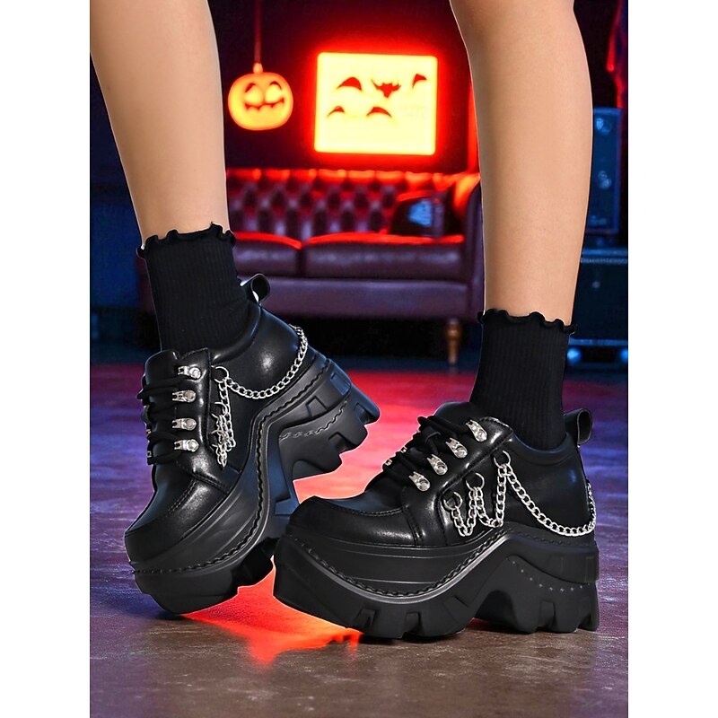 Women's Gothic Halloween Chunky Platform Sneakers with Metal Chains - Punk Edgy Black Lace-Up Shoes for Spooky Party, Alternative Streetwear and Nightlife Looks