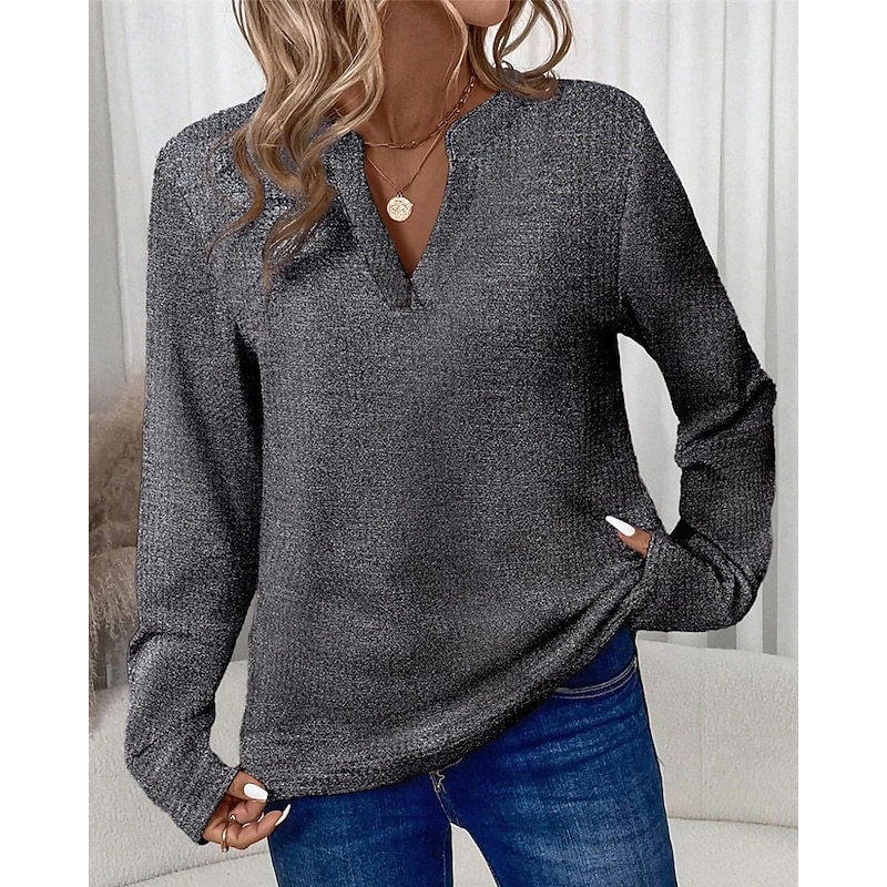 Women's Sweater Pullover Fashion Solid Color Ribbed V Neck Knitted Long Sleeve Regular Tops Knit Holiday Going out Weekend Gray Fall2