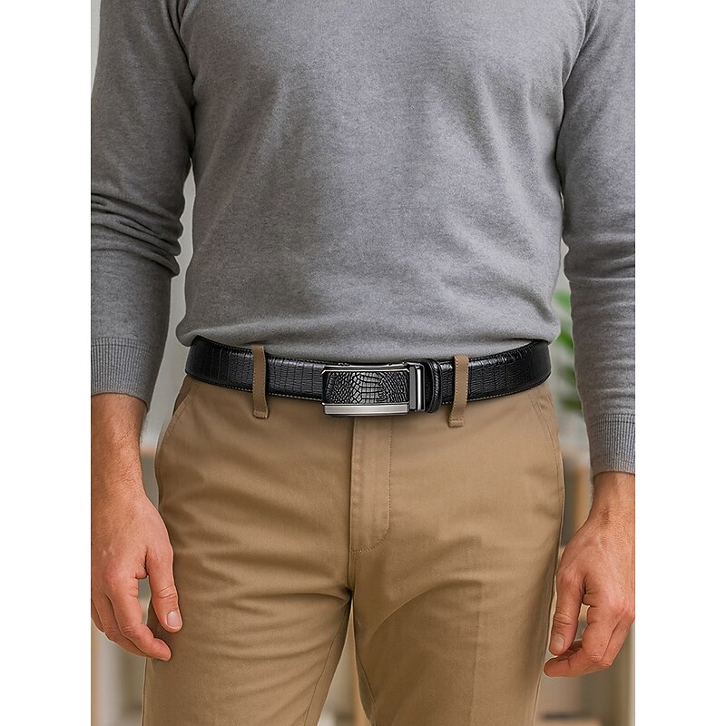 Men's Crocodile Pattern Faux Leather Belt – Adjustable Automatic Buckle Dress Belt for Business, Casual and Daily Wear2
