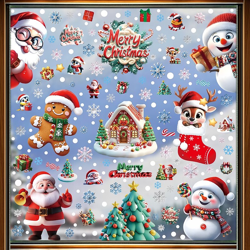 9 Sheets Christmas Window Cling Wall Sticker Decals Decorations, Gingerbread Men, Snowmen, Snowflakes & Santa Claus, Static Cling, Christmas Party Home & Store Decor