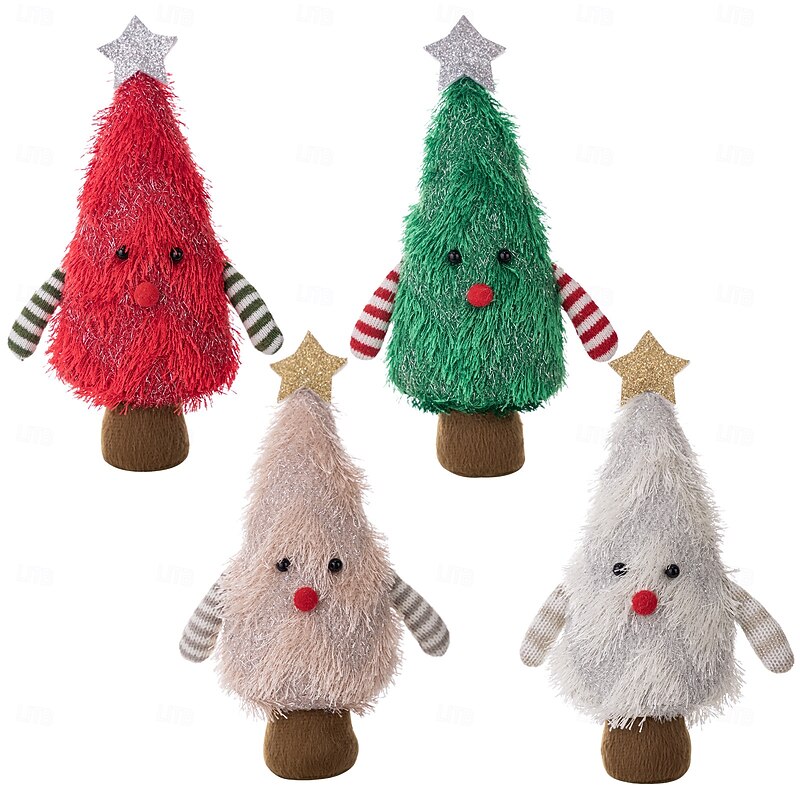 4PCS Plush Christmas Tree Figurines, Creative 3D Mini Tree Decorations, Soft Holiday Tabletop Ornaments for Home and Party Decor4