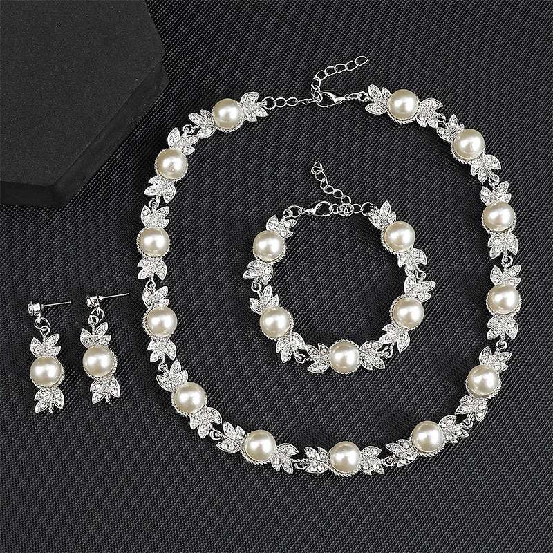 Jewelry Set Three-piece Suit White Pearl Chrome 1 Bracelet Earrings Necklace Women's Elegant Vintage Fashion Vintage Style Classic Jewelry Set For Wedding Party Wedding Guest2