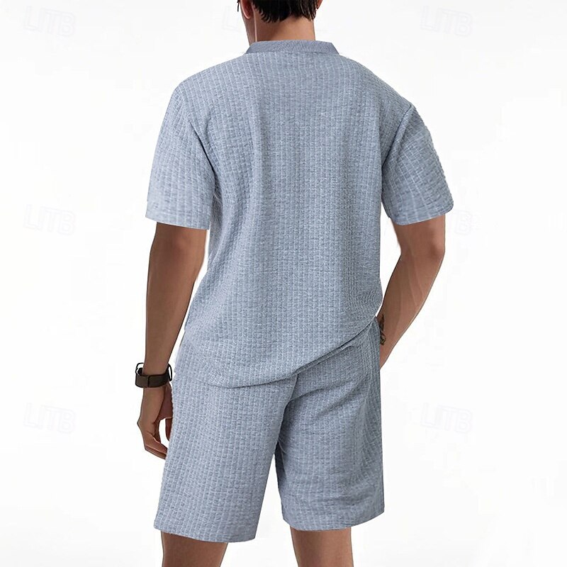 Men's Waffle Shirt T-shirt Suits 2 Pieces Outfits Tee & Shorts Short Sleeve Crew Neck Summer Plain Fashion Casual Jacquard 2 Piece Vacation Daily Wear Going out Black White Khaki Top Tee for Men3