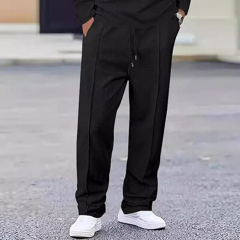 Men's Sweatpants Trousers Waffle Pants Open Bottom Sweatpants Drawstring Elastic Waist Straight Leg Plain Moisture Wicking Breathable Full Length Sports Outdoor Casual Daily Fashion Streetwear Black2