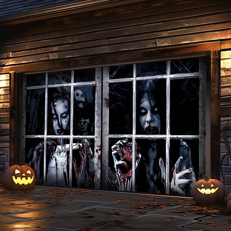 Halloween Garage Door Cover Large Hanging Backdrop Ghost Zombie Containment Unit 3D Dark Punk Gothic Style Party Outdoor Shooting Backgrounds Yard Haunted House Home Decor2