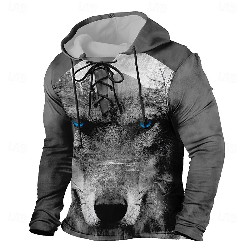 Men's Wolf 3D Hoodies Stylish Casual Long Sleeve Hooded Holiday Streetwear Black Brown Drawstring Graphic Fall Winter Designer3