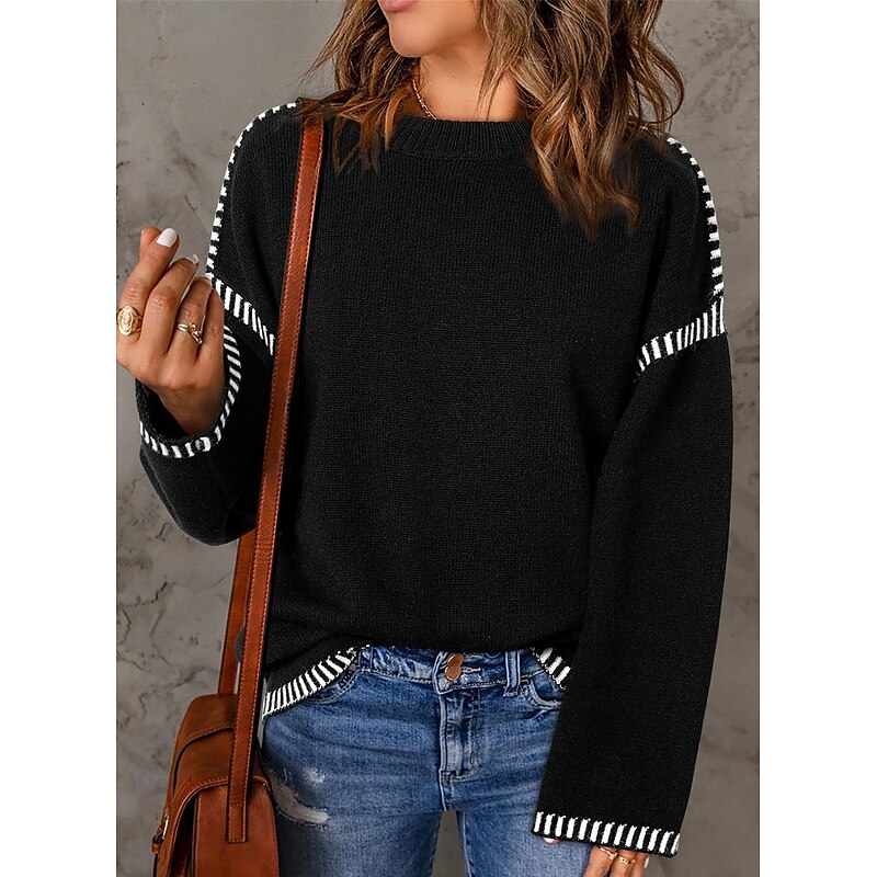 Women's Sweater Casual Soft Striped Ribbed Crew Neck Knitted Long Sleeve Regular Tops Knit Outdoor Daily Weekend Black White Fall Winter