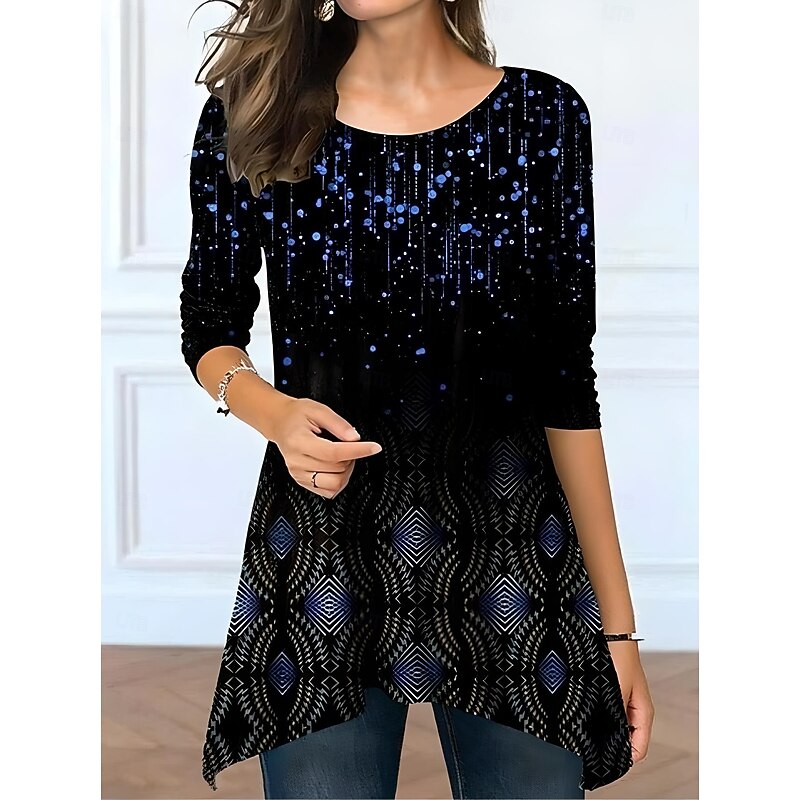 Women's T shirt Long Sleeve Floral Graphic Plants Vintage Stylish Classic Long Sleeve Crew Neck Round Neck Long Tops Daily Print Asymmetrical Black Gray  Spring Prefall2