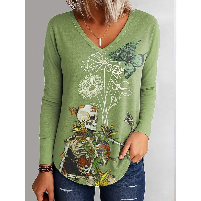 Halloween Women's T Shirt Skulls Graphic Elegant Vintage Stylish Long Sleeve V Neck Regular Tops Daily Going out Weekend Print Blue Purple Orange Green Spring Fall