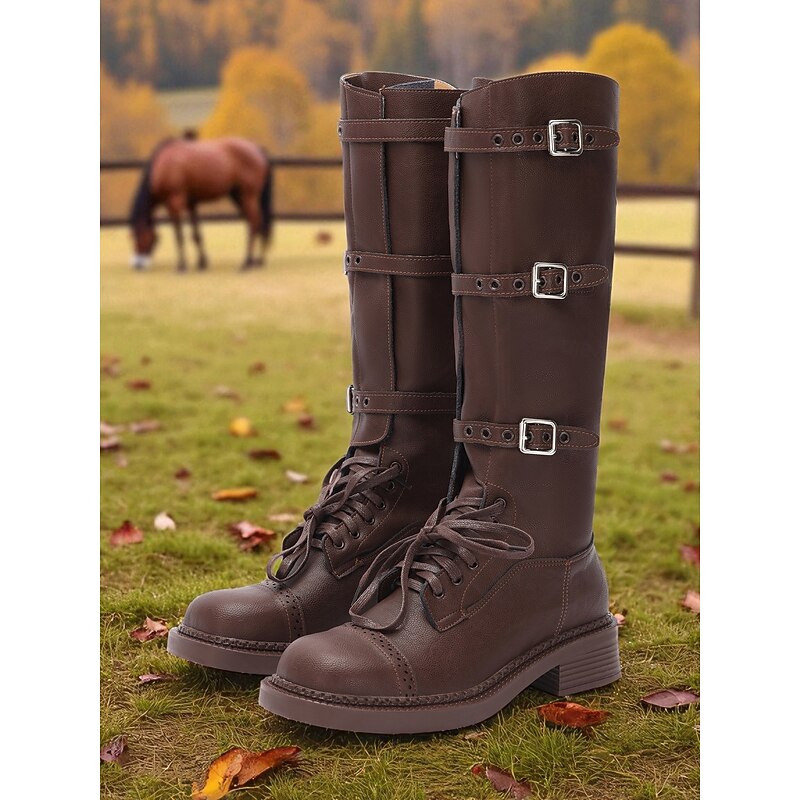 Women's Brown Faux Leather Knee - High Riding Boots with Buckles and Laces - Equestrian - Inspired Rustic Stylish Footwear for Horseback Riding, Countryside Walks and Casual Outings3