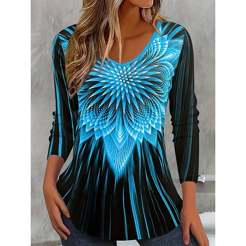 Women's T Shirt Ombre Graphic Geometric Vintage Stylish Classic Long Sleeve V Neck Regular Tops Daily Print Blue Fuchsia Orange Gray Spring Fall2