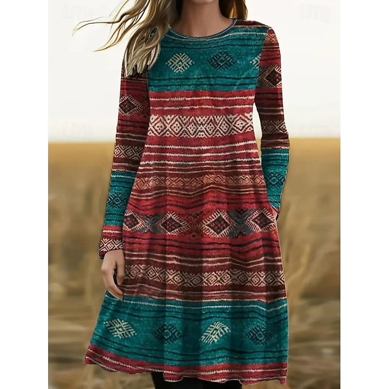 Women's Mini Dress T Shirt Dress Tee Dress A Line Dress Vacation Casual Daily Date Regular Fit Ombre Graphic Geometric Long Sleeve Crew Neck Red Summer Spring Fall Winter