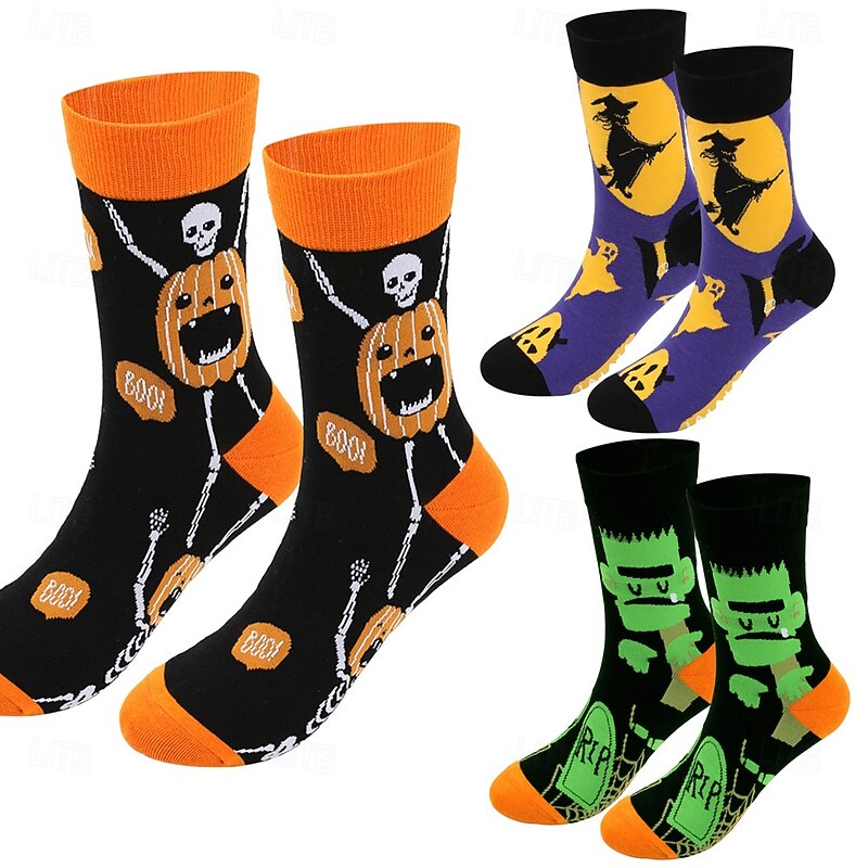 Halloween Oversized Women's Cotton Socks, Autumn Winter Large Size Unisex Mid-Calf Socks with Witch and Pumpkin Design