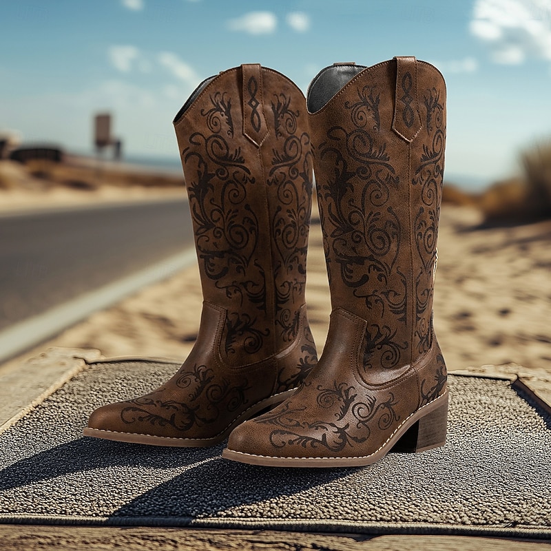 Women's Brown Leather Western Cowboy Boots with Intricate Floral Embossing and Block Heels, Stylish Urban Fashion Footwear2