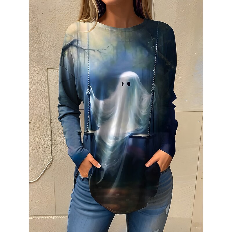 Halloween Women's T shirt Ghost Long Sleeve Vintage Fashion Stylish Long Sleeve Crew Neck Round Neck Long Tops Daily Going out Weekend Print Maroon Black Yellow Blue Orange Spring Fall Prefall