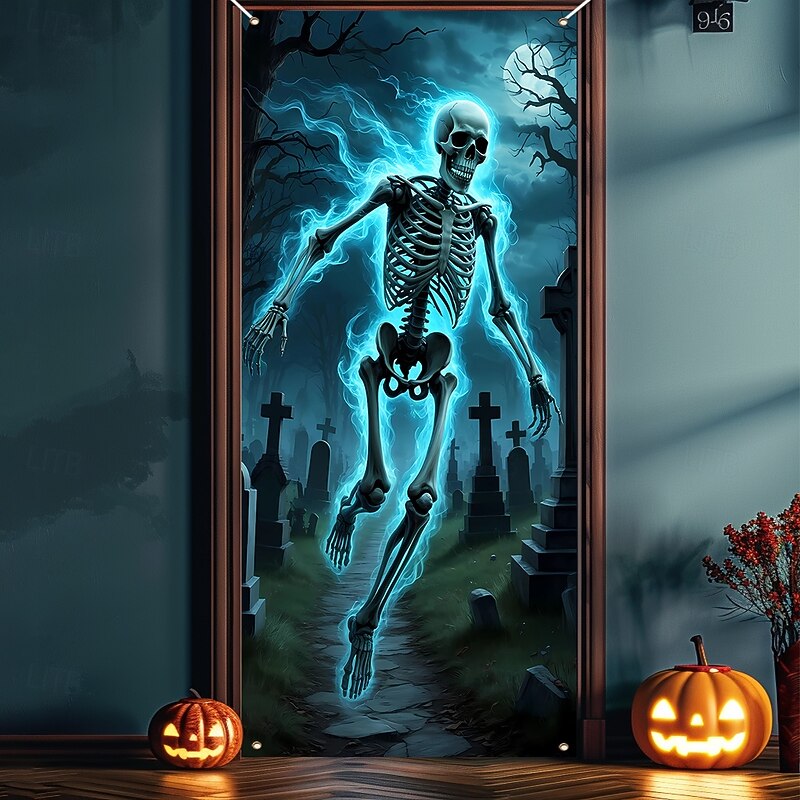 Halloween Door Cover Outdoor Banners Skeleton Cemetery Psychedelic Dark Punk Gothic Style Party Outdoor Shooting Backgrounds Front Door Wall Porch Home Decor
