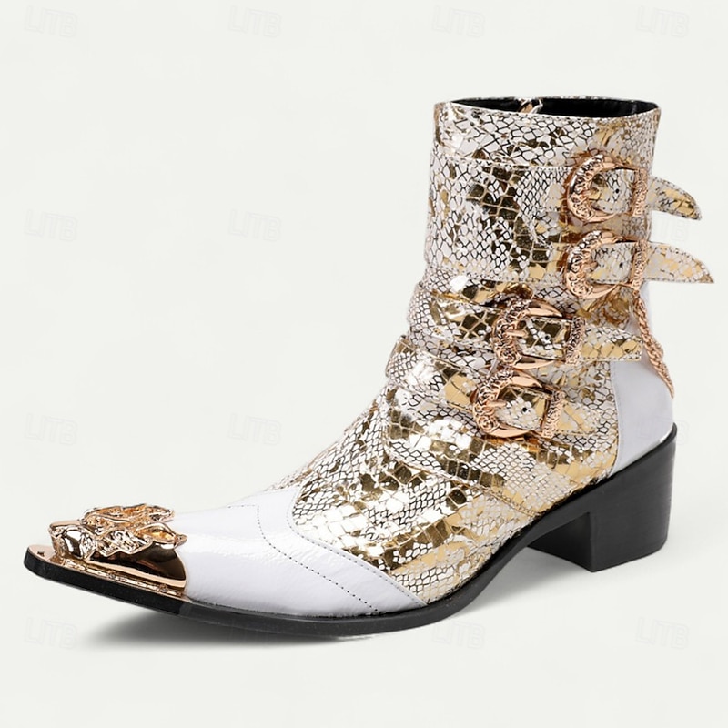 Men's White and Gold Sequin Ankle Boots – Glamorous Party Western Boots for Stage Performances, Themed Events and Festivals2