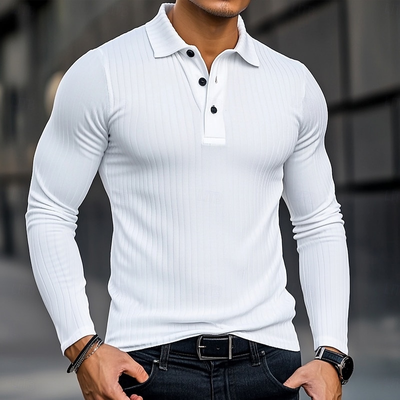 Men's Polo Shirts Rib Knit Top Business Casual Ribbed Polo Collar Long Sleeve Fashion Basic Solid Color Knitting Fall Winter All Seasons Slim Fit White Navy Blue Polo Shirts
