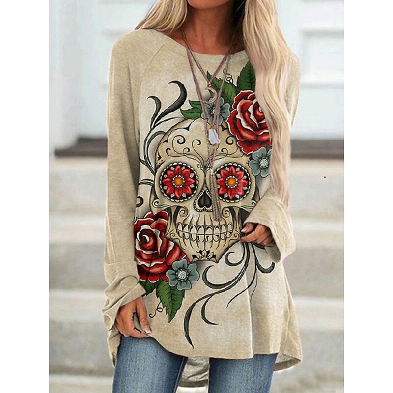 Halloween Women's T shirt Ghost Long Sleeve Graphic Vintage Stylish Classic Long Sleeve Crew Neck Regular Tops Daily Print Blue Orange Green Khaki Spring Fall Prefall4