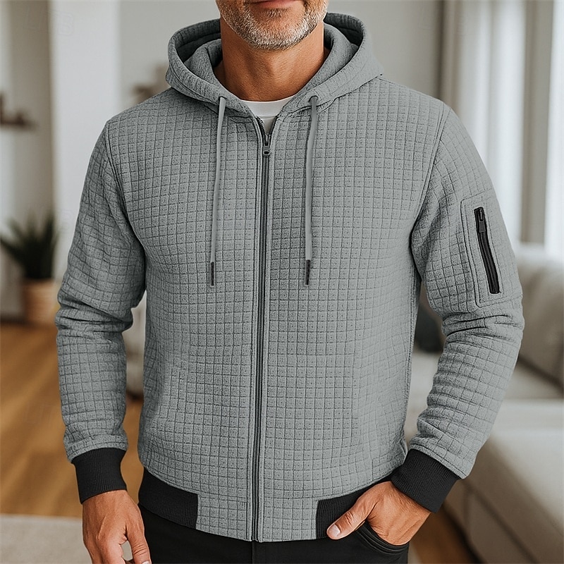 Men's Hoodie Full Zip Hoodie Waffle Hoodies Wine Red Black White Army Green Navy Blue Hooded Plain Zipper Textured Sports & Outdoor Casual Daily Streetwear Cool Sportswear Spring &  Fall Clothing