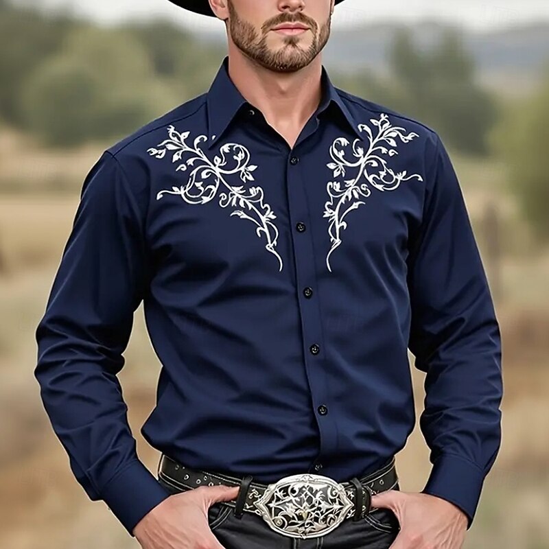 Men's Scroll Floral Print Ethnic Shirt Western Shirt Cowboy Shirt Long Sleeve Vintage Retro Outdoor Vacation Spring Fall Turndown 3D Print Linen Like Shirt Dark Khaki White Dark Blue