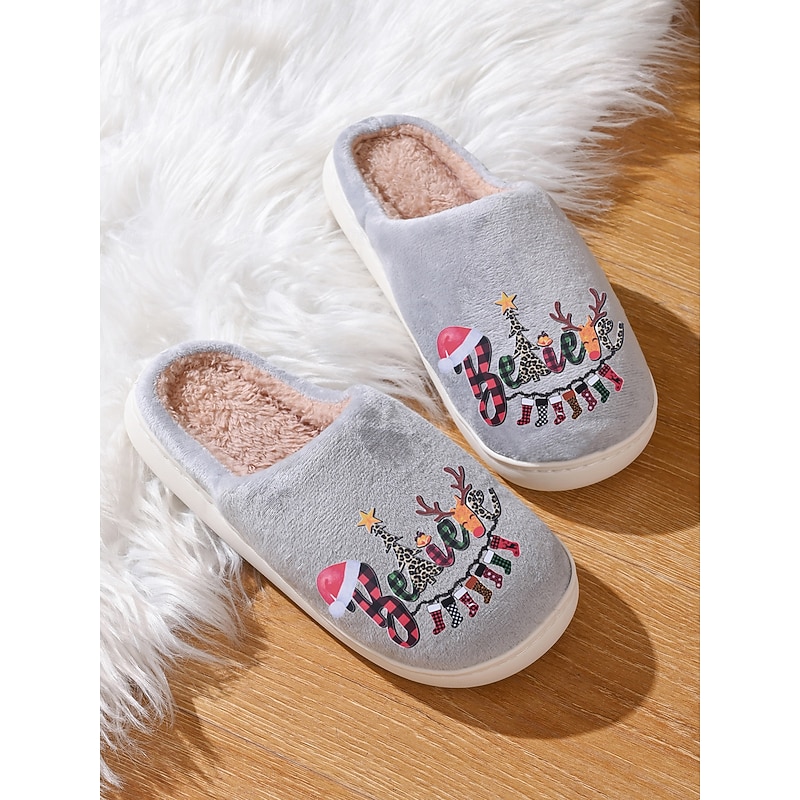 Women's Grey Christmas Slippers with Plush Lining and Believe Print – Warm Indoor Shoes for Holiday, Winter and Family Gatherings