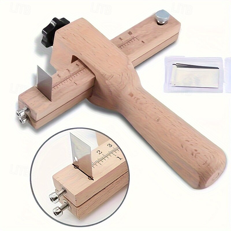 1pc Adjustable Wooden Leather Strap Maker with 5 Replacement Blades for DIY Leathercraft and Gardening Tools Craft Belt Cutter3