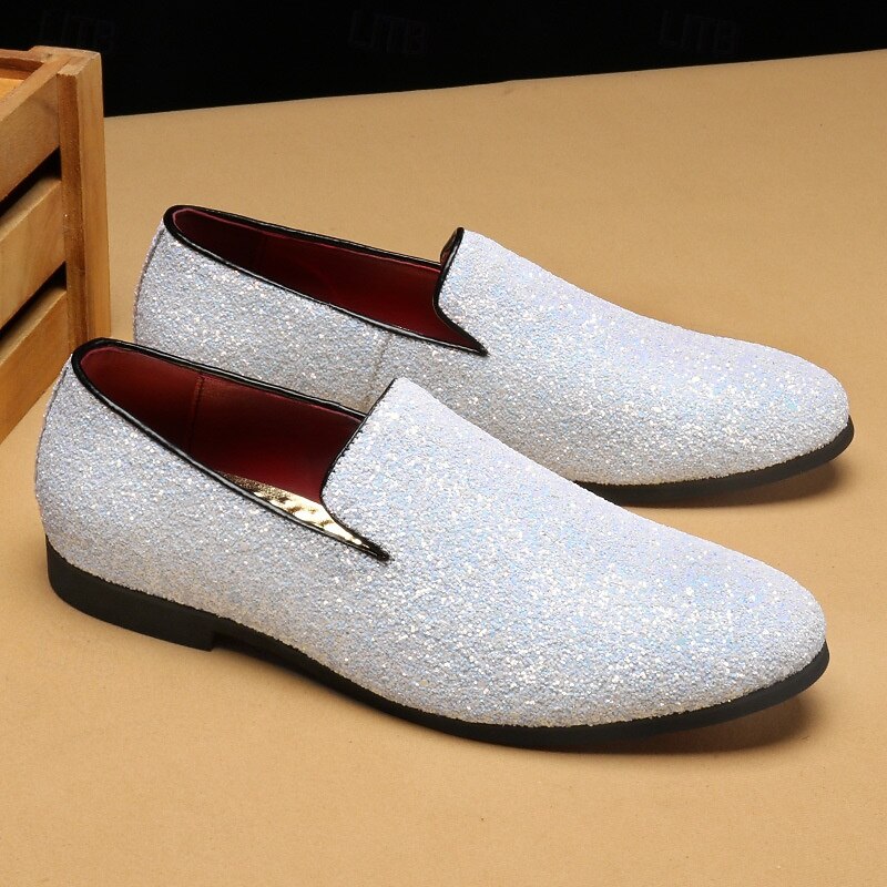 Men's White Glitter Slip-On Loafers – Sparkly Party Shoes for Weddings, Banquets and Nightclub Outfits2