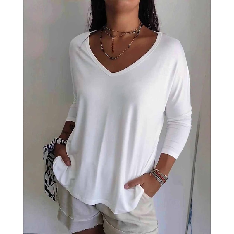 Women's Blouse Plain Casual Long Sleeve V Neck Regular Tops Holiday Going out White Yellow Pink Light Blue Fall