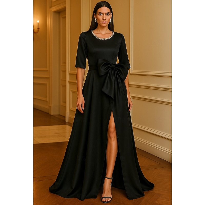 Black Red A-Line Evening Gown Elegant Dress Formal Wedding Floor Length Half Sleeve Crew Neck Pocket Satin with Bow(s) Pearls 2025