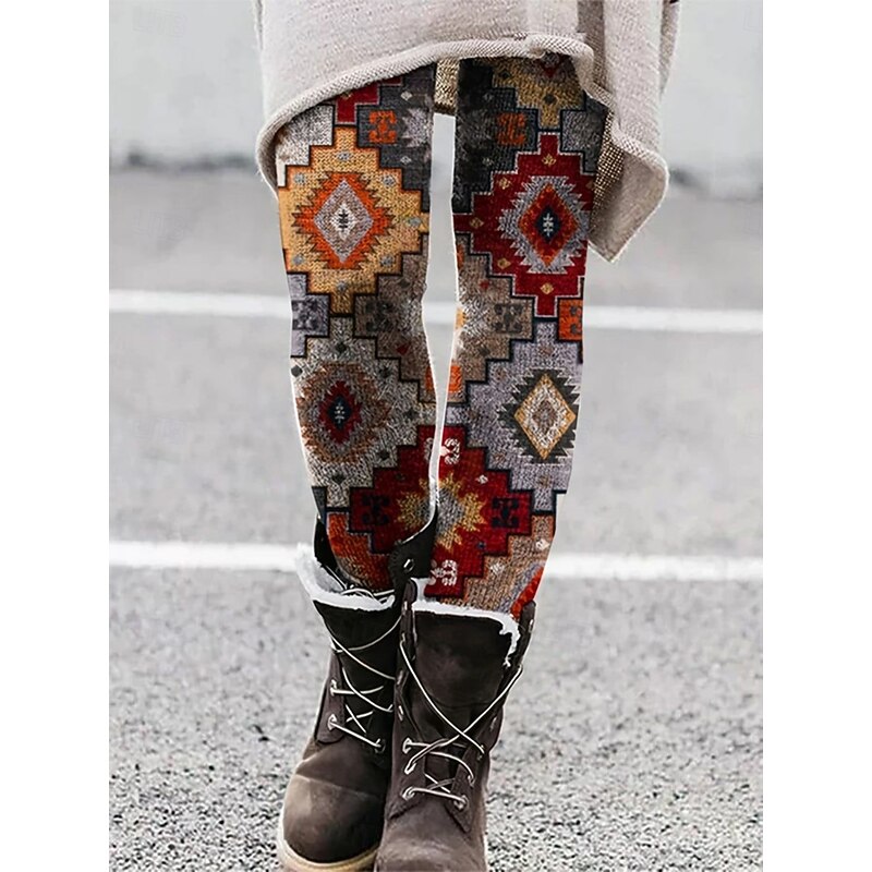 Women's Pants Trousers Leggings Cozy Leggings Vacation Vintage Full Length High Waist Floral Geometry Elastic Waist Print Breathability Comfortable Stretchy Vacation Street Daily Wear Red Blue Green