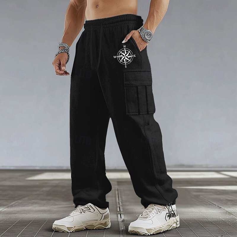Men's Compass Cargo Sweatpants Joggers Casual Pants Mid Waist Casual Athletic Hiking Workout Elastic Drawstring Waist Open Bottom Tactical Pants with Pockets Spring Fall 3D Print Black White Dark Blue2