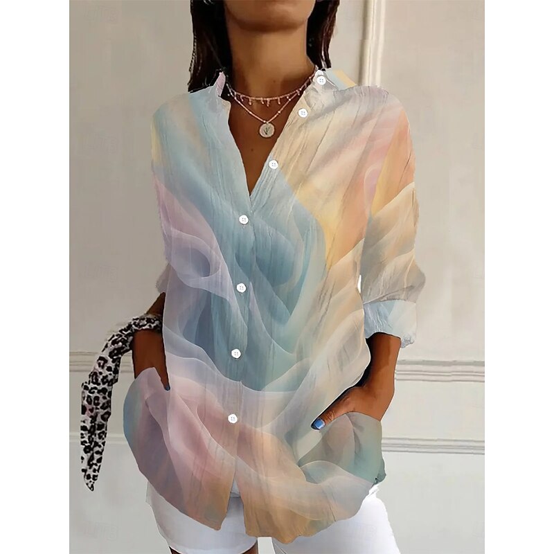 Women's Shirt Button Down Tunic Shirt Collar Long Sleeve Graphic Abstract Daily Stylish Modern Regular Tops Work Daily Holiday s Print Yellow Navy Blue Blue Spring Fall