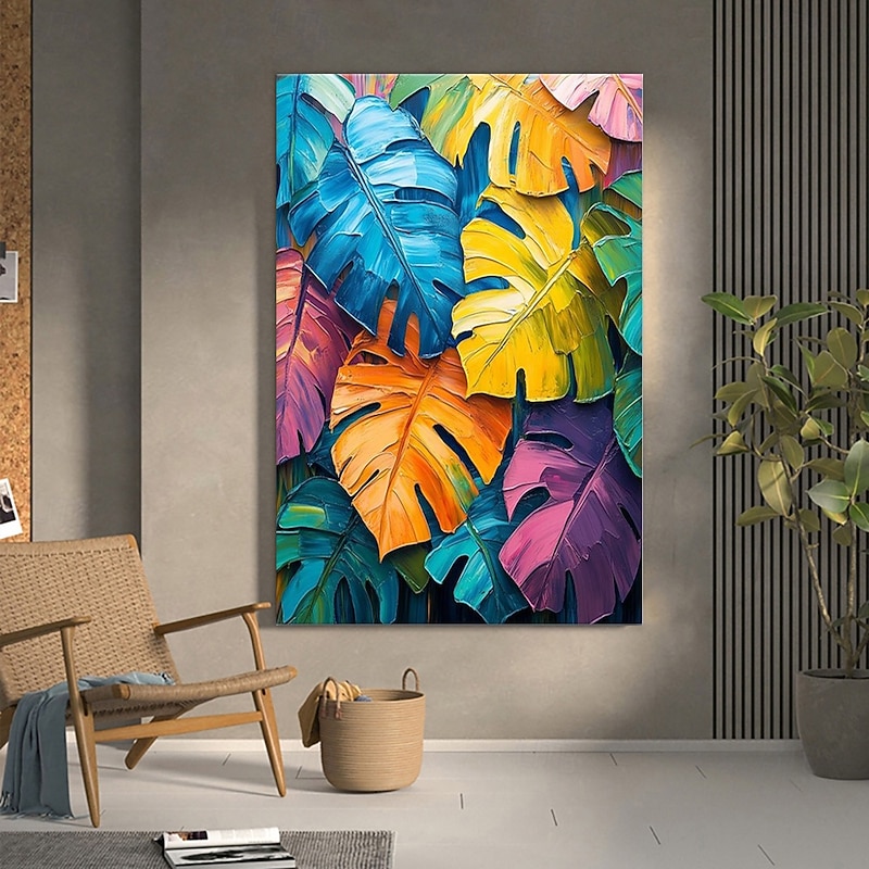 Handmade Oil Painting Canvas Wall Art Decoration Abstract Colorful Tropical Green Plants Banana Leaf for Home Decor Rolled Frameless Unstretched Painting