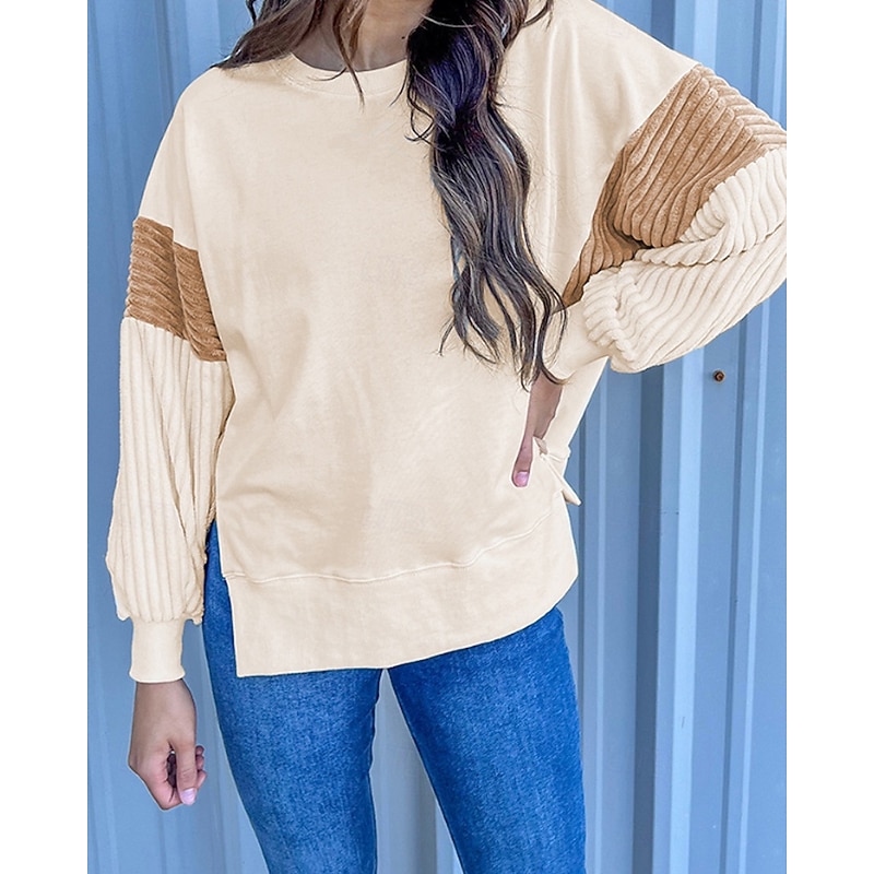 Women's Pullover Sweatshirt Sweatshirts Color Block Streetwear Casual Long Sleeve Round Neck Regular Tops Street Holiday Going out Patchwork Beige Fall Winter2