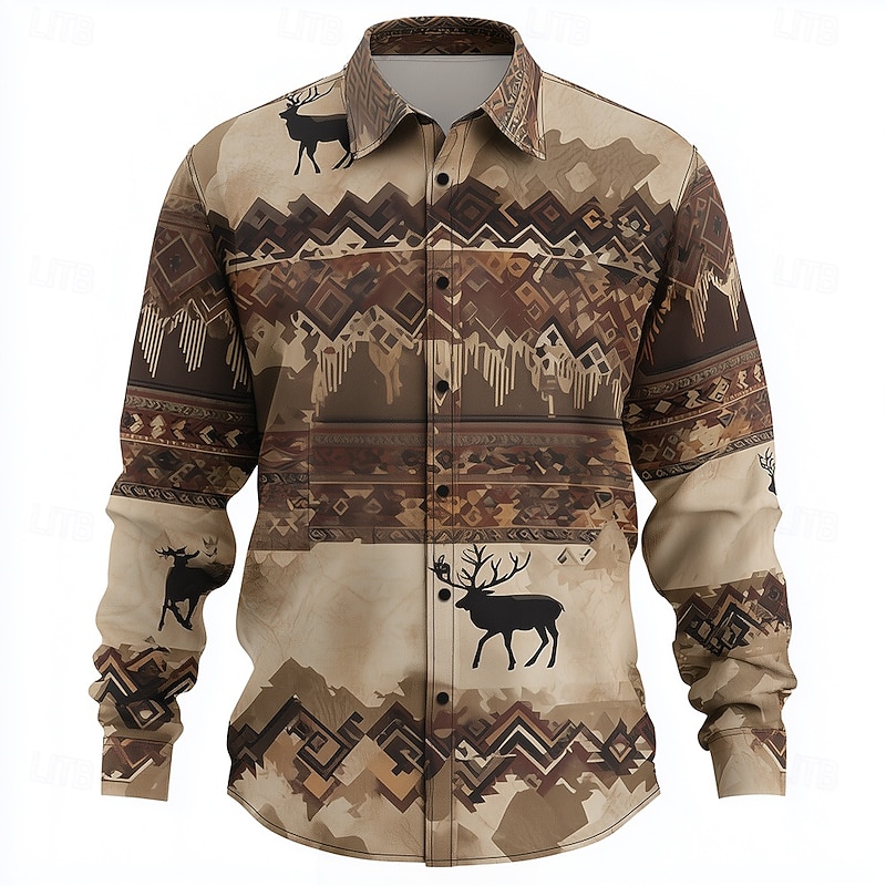 Men's Reindeer Aztec Indian Culture Shirt Button Up Shirt Long Sleeve Ethnic Vintage Retro Outdoor Casual Spring Fall Turndown 3D Print Linen Like Shirt Khaki