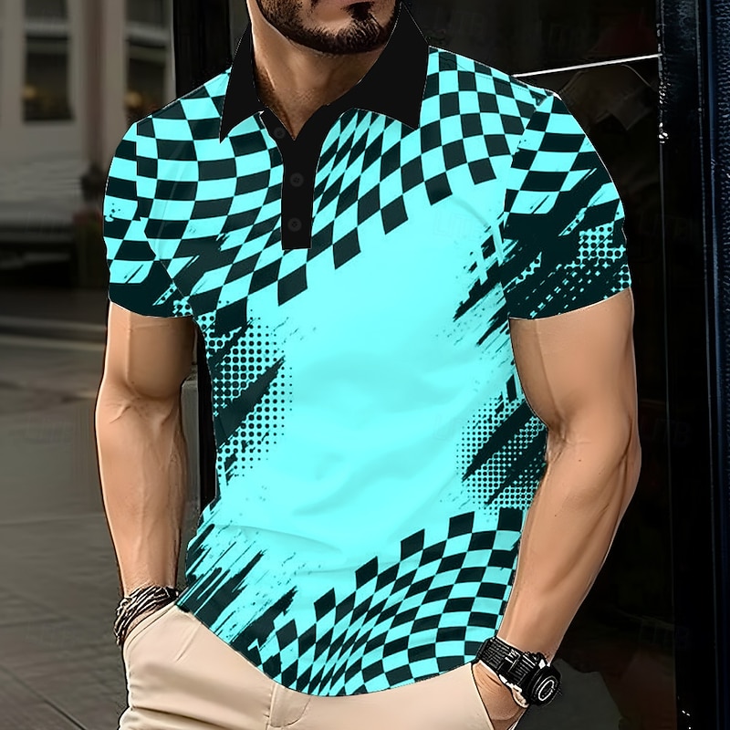 Men's Abstract Geometic Polo Short Sleeve Polo Shirts Lapel Business Casual Business Athleisure 3D Print Buttons Summer Lake blue White Yellow